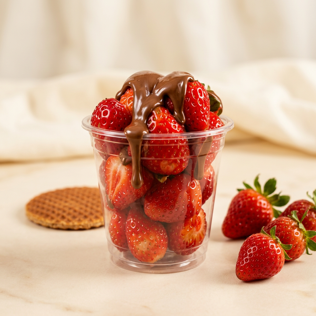 Fresh Dutch strawberries in a cup, drizzled with melted chocolate
