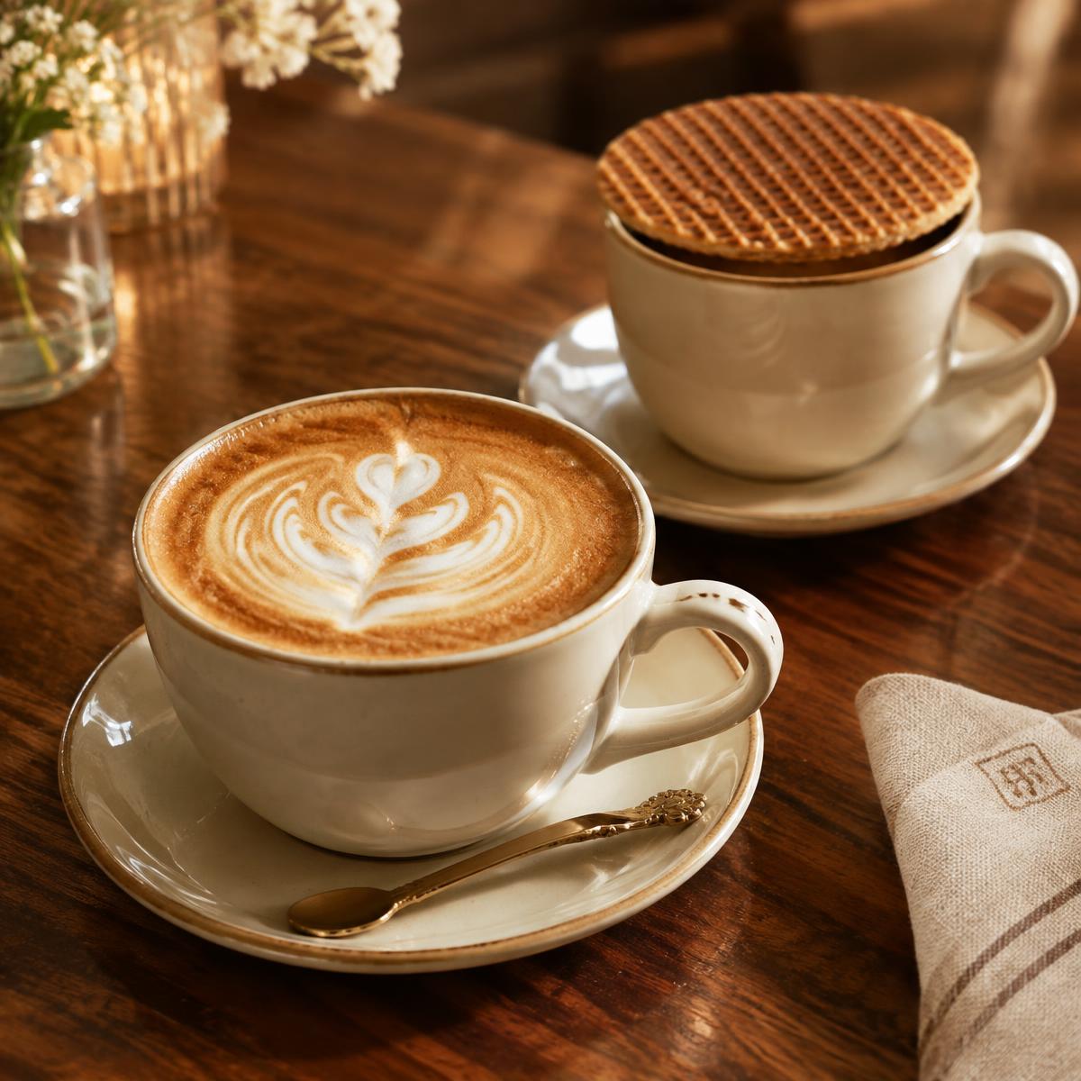 Cappuccino beside a stroopwafel resting on a coffee cup