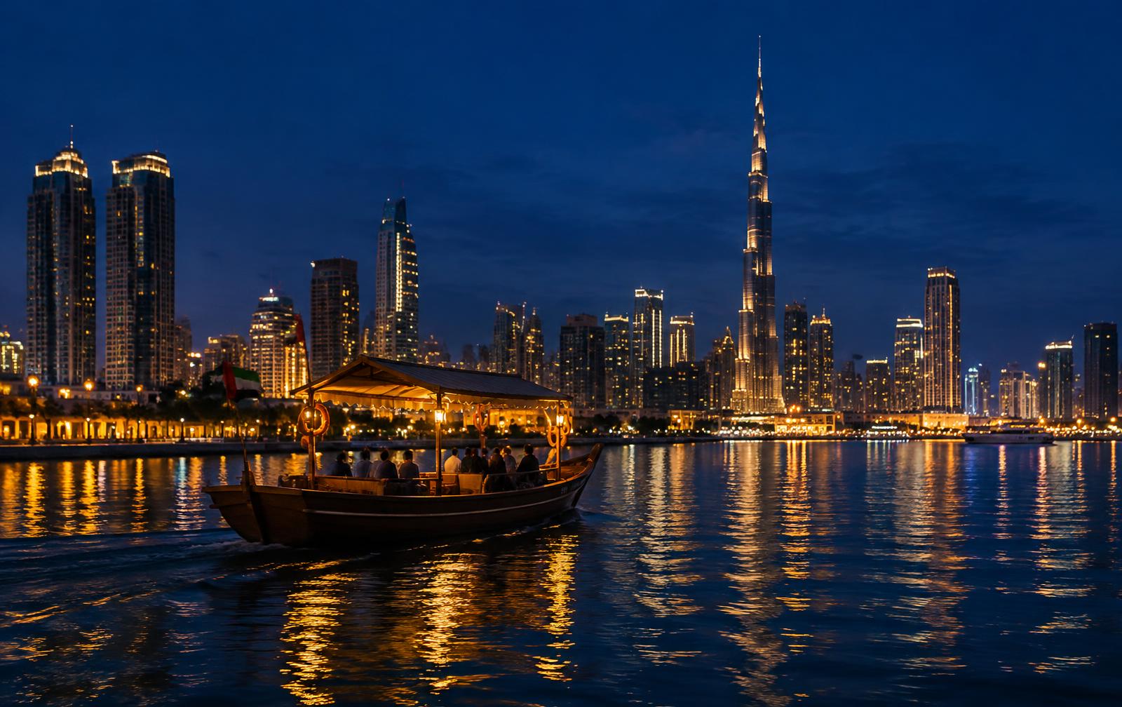 Dubai skyline at blue hour with a traditional abra crossing the water