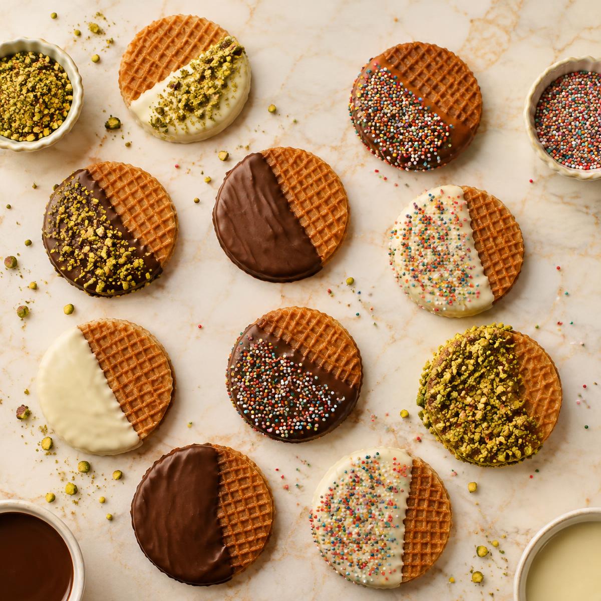 Stroopwafels with chocolate, pistachio and candy toppings